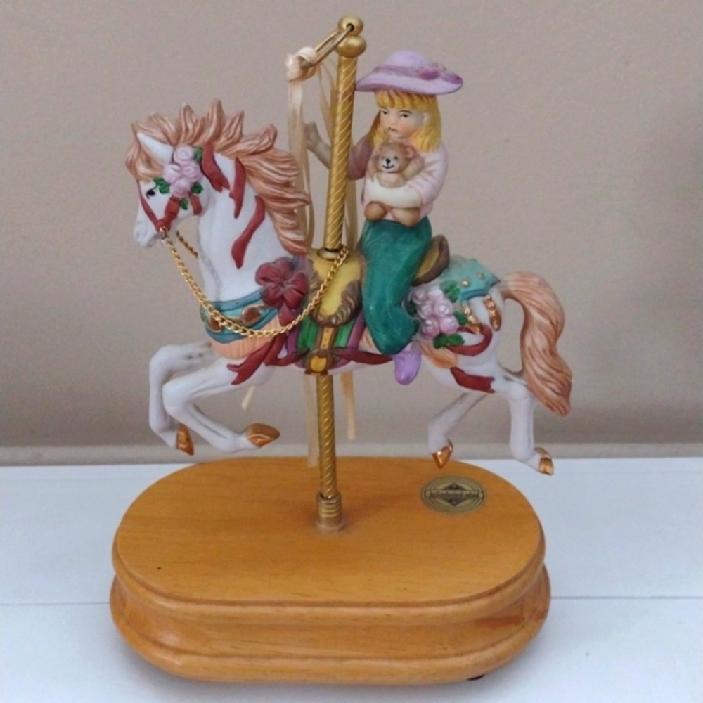 Breckenridge Carousel Musical Horse with Girl Holding Teddy Bear